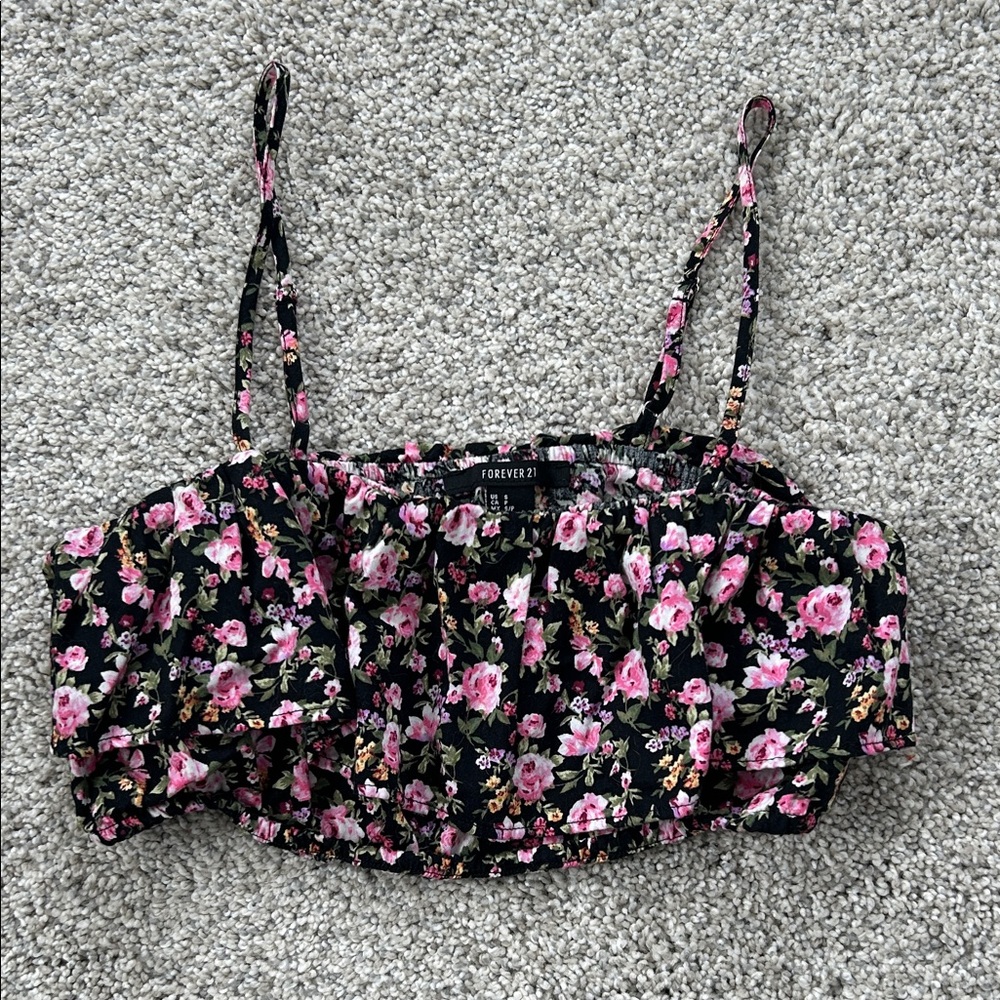 Forever 21 Black Floral Cropped Cami with Pink Roses